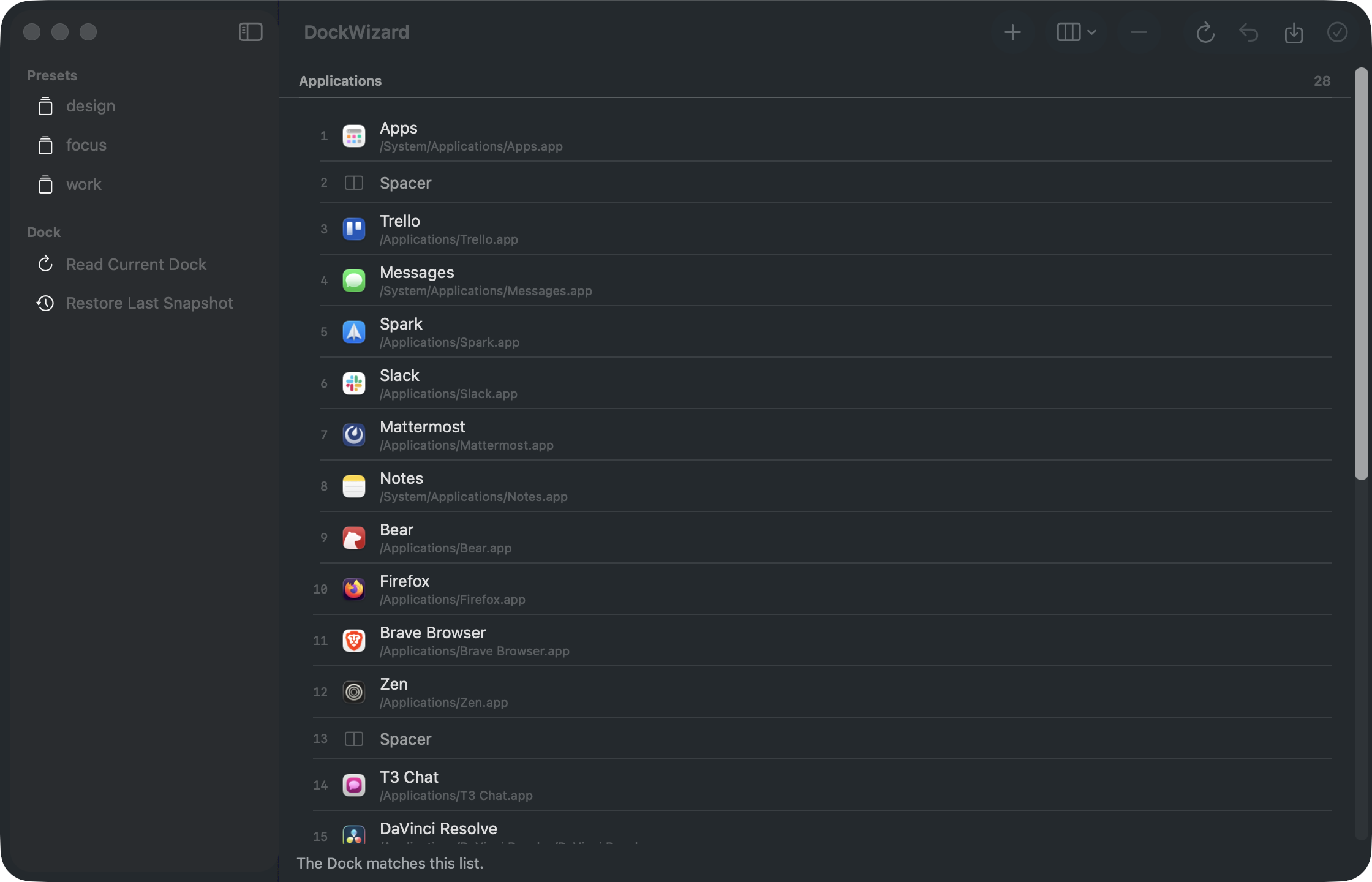The DockWizard editor listing every Dock tile with its position, and a sidebar of saved presets