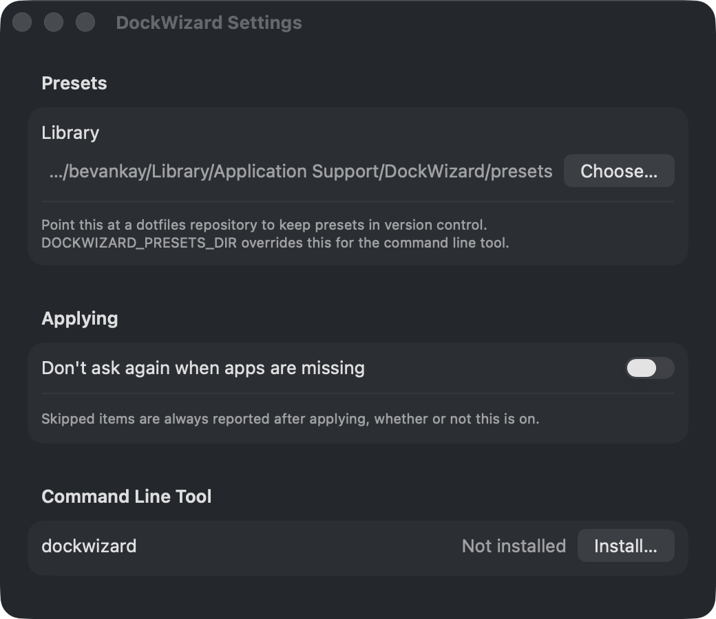 DockWizard settings, showing the preset library location, the missing-apps preference, and the command line tool installer